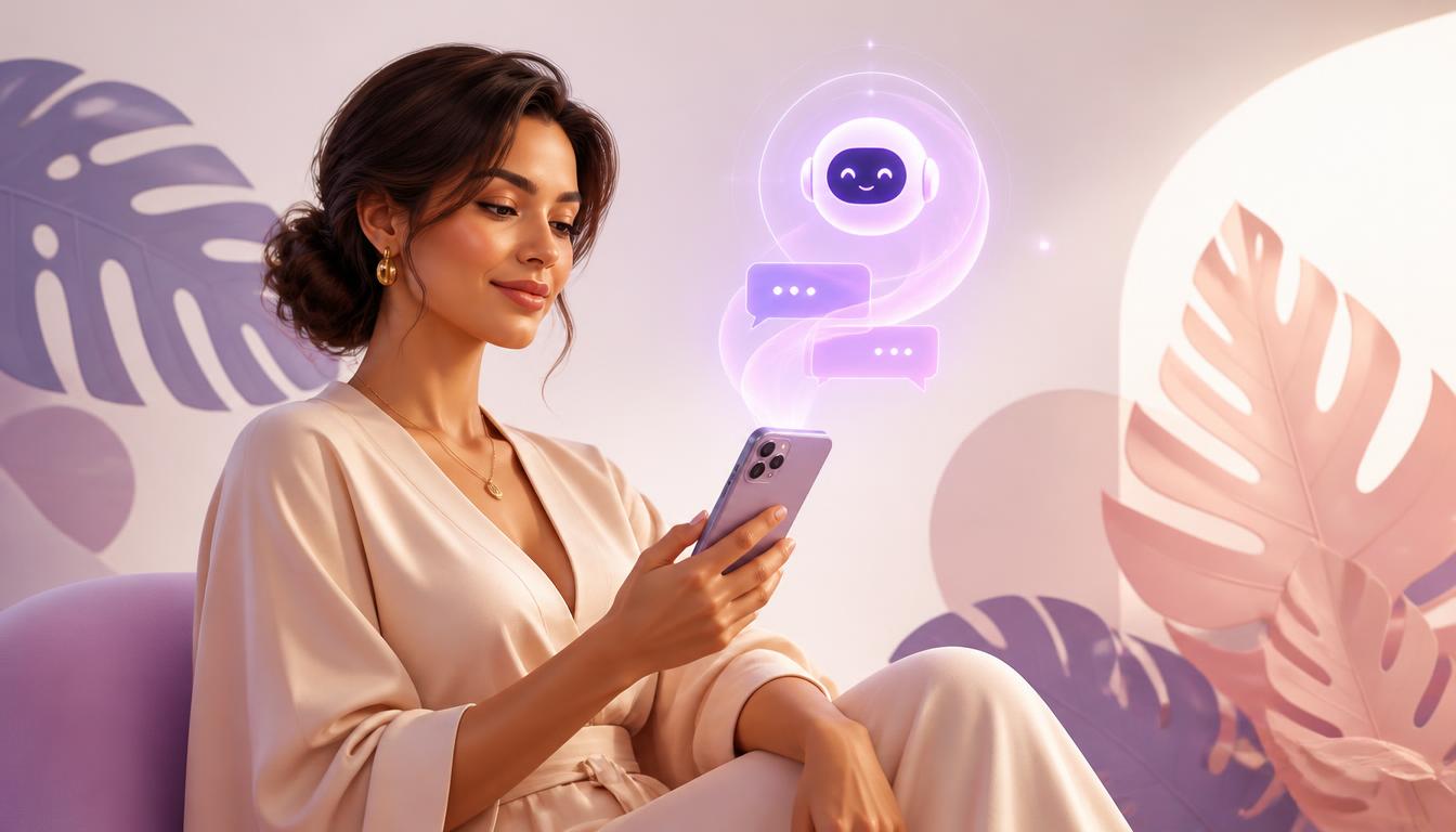 Mujer actual usando inteligencia artificial en su teléfono